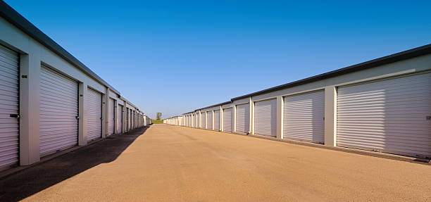 Long line of garage doors at a temporary storage facility